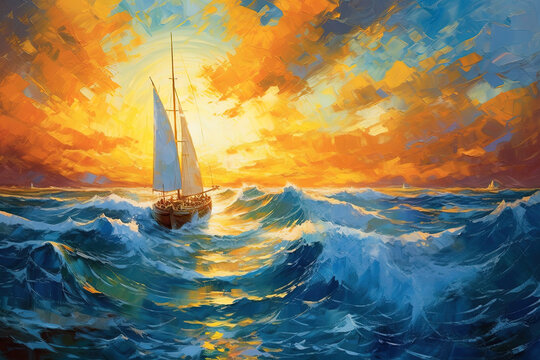 oil paint, sailboat boat at sunset on the ocean
