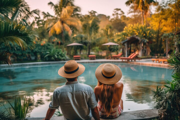 Young couple traveler relaxing and enjoying the sunset by a tropical resort pool while traveling for summer vacation - obrazy, fototapety, plakaty