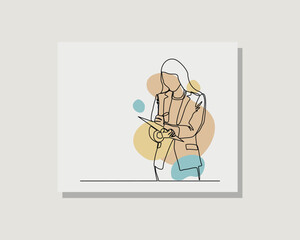 Continuous single one line art drawing of business woman wearing formal suit holding document note paper in boho bohemian style design vector illustration