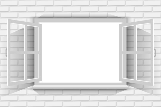 Open white window on brick wall with blank white background. Copy space for your design.
