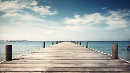 Obraz premium Wooden Pier Blue Sea Sky Background, Generative AI