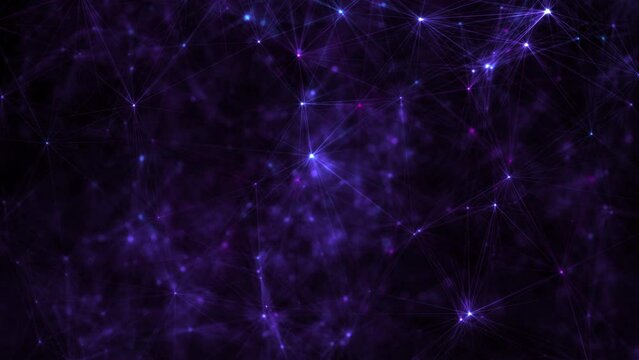 Purple violet gradient wallpaper vj background. Fantasy abstract technology, engineering and science backdrop with particles and plexus connected lines. Wireframe 3D animation and copy space