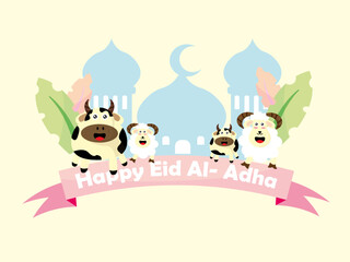 greeting card of eid al adha celebration. vector illustration of the day of sacrifice. with the background of the holy mosque