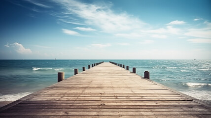 Beautiful Wooden Pier Blue Sea Sky Background, Generative AI - obrazy, fototapety, plakaty