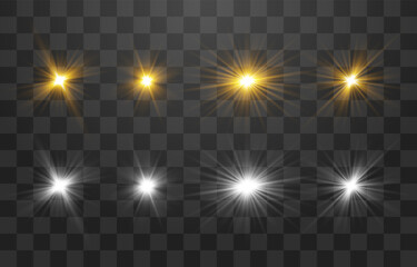 Vector transparent sunlight set. Light png. Special flash light effect. Glow light effect, bright sun or spotlight beams. Decor element isolated on transparent background.