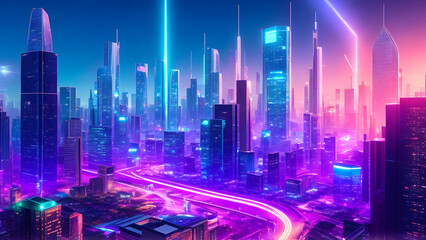 Fototapeta premium a futuristic cityscape with advanced technological infrastructure, including autonomous vehicles, smart buildings, and holographic displays created with Generative AI Technology