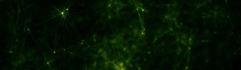 Green gradient wide web banner background. Fantasy abstract technology, engineering and science wallpaper with particles and plexus connected lines. Glowing Wireframe 3D illustration and copy space