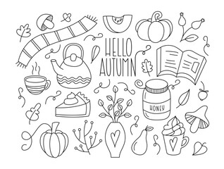 Autumn Doodle Set. Cute Hand Drawn Fall Design Elements with Editable Stroke. Autumn Harvest, Pumpkin, Pear, Rosehip Drawn. Cozy Autumn and Comfort Theme.
