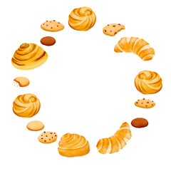 Watercolor bakery background. Bake shop round frame made of bakery goods. Sweets and desserts Cooking template. Isolated hand drawn digital watercolor illustration: print, kitchen, logo, restaurant