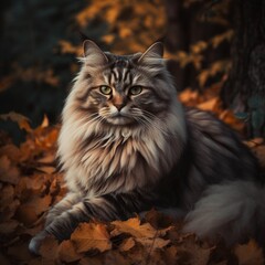 Naklejka na ściany i meble Majestic Siberian Cat on Bed of Autumn Leaves
