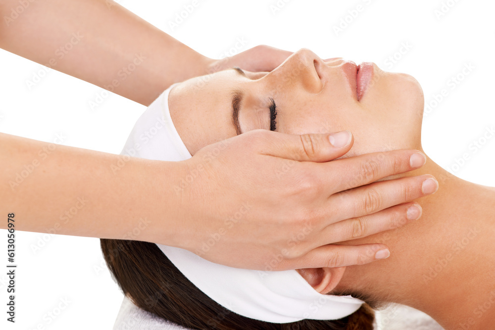 Sticker Spa, beauty and woman with a face massage for luxury self care, health or calm mindset. Cosmetic, wellness and young female person doing a facial treatment isolated by a transparent png background.