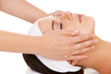 Spa, beauty and woman with a face massage for luxury self care, health or calm mindset. Cosmetic, wellness and young female person doing a facial treatment isolated by a transparent png background.