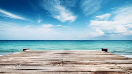 Fototapeta premium Beautiful boardwalk, footbridge, Wooden Pier Blue Sea Sky Background, Generative AI