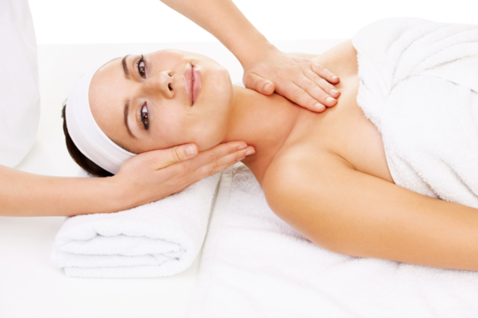 Massage, spa and face portrait of happy woman relax on beauty salon table for clinic luxury care, support or treatment. Person, hands and masseuse care service isolated on transparent, png background