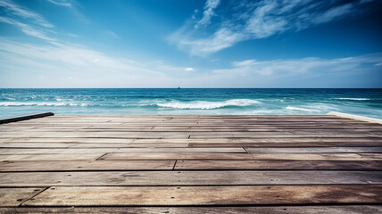 Fototapeta na wymiar Beautiful boardwalk, footbridge, Wooden Pier Blue Sea Sky Background, Generative AI