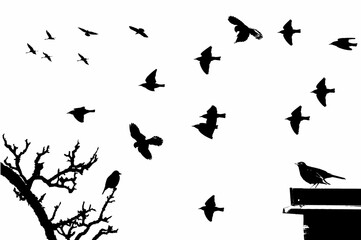 Black and white bird silhouette illustration. Sky full of different types of bird silhouettes. Flock of birds of Czech republic nature.