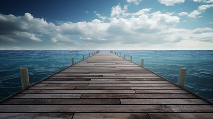 Fototapeta premium Beautiful boardwalk, footbridge, Wooden Pier Blue Sea Sky Background, Generative AI