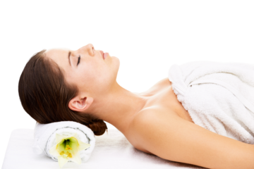 Relax, luxury spa and woman for massage on isolated, png and transparent background with eyes closed. Salon, aesthetic and face of female person rest on bed for pamper, facial treatment and wellness