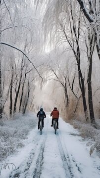 two people riding bikes down a snowy road