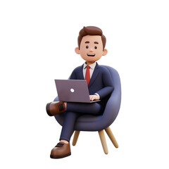 3d male character sitting on a sofa and working on a laptop