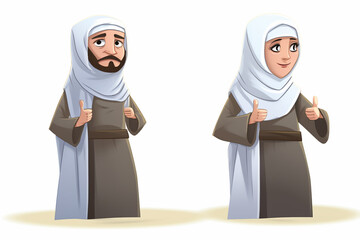 Cartoon muslim man and woman wearing ihram clothing, generative ai