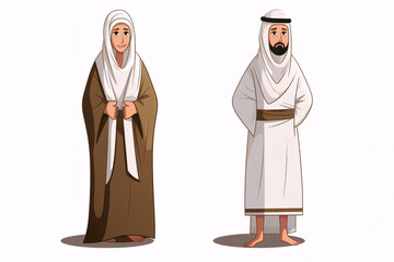 Cartoon muslim man and woman wearing ihram clothing, generative ai