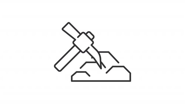 Bitcoin mining icon animation. Animated line pickaxe breaking rock. Bitcoin sign appearing. Crypto currency. Loop HD video with alpha channel, transparent background. Outline motion graphic