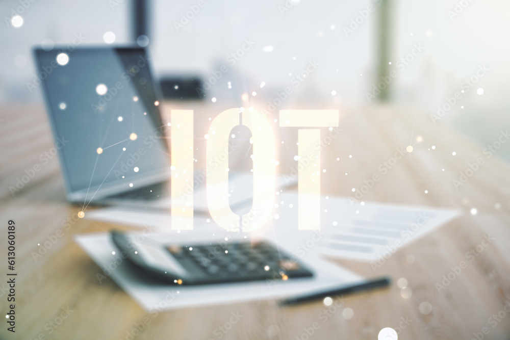 Poster abstract virtual iot hologram on calculator and laptop background. multiexposure