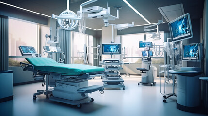 A futuristic hospital room. Interior of operating room, intensive care, surgical room. Heath care and medical concept. Generative AI.