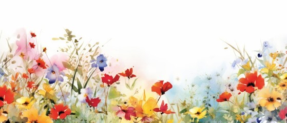 Obraz na płótnie Canvas Beautiful watercolor illustration of a field. Bright wildflowers. Generative AI