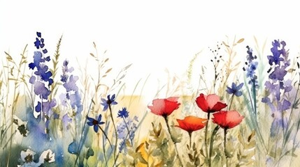 Beautiful watercolor illustration of a field. Bright wildflowers. Generative AI