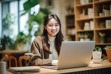 Fototapeta na wymiar A charming young Asian woman wearing elegant beige outfit sits in indoor cafe, flashing a warm smile as she diligently works on laptop, creating professional and inviting atmosphere. generative AI.