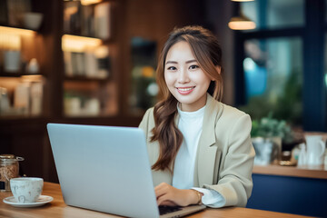 Fototapeta na wymiar A charming young Asian woman wearing elegant beige outfit sits in indoor cafe, flashing a warm smile as she diligently works on laptop, creating professional and inviting atmosphere. generative AI.