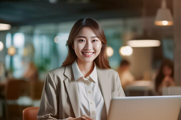 A charming young Asian woman wearing elegant beige outfit sits in indoor cafe, flashing a warm smile as she diligently works on laptop, creating professional and inviting atmosphere. generative AI.