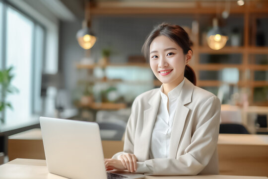 A charming young Asian woman wearing elegant beige outfit sits in indoor cafe, flashing a warm smile as she diligently works on laptop, creating professional and inviting atmosphere. generative AI.