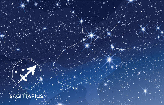 Sagittarius constellation in the blue night sky, zodiac sign, modern horoscope astrology background, astronomical chart, fortune telling mystical vector illustration.