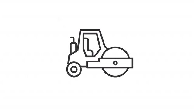 Animated compactor line icon. Compaction roller riding animation. Construction equipment. Road building. Loop HD video with alpha channel, transparent background. Outline motion graphic
