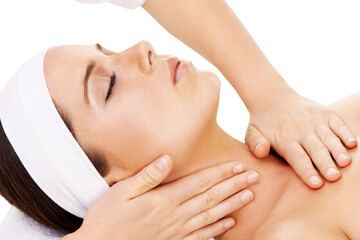 Massage, spa and face of woman relax with wellness treatment for stress relief, calm and peace in...