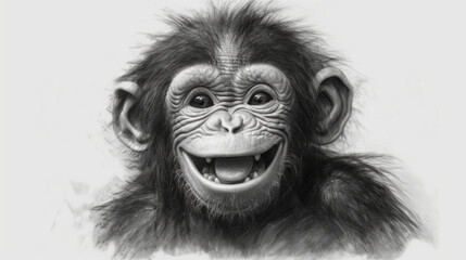 Fröhliches Schimpansenbaby in Porträtaufnahme -schwarz weiß