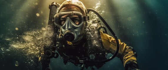 Professional firefighter diver wearing goggles for swimming. Generative AI