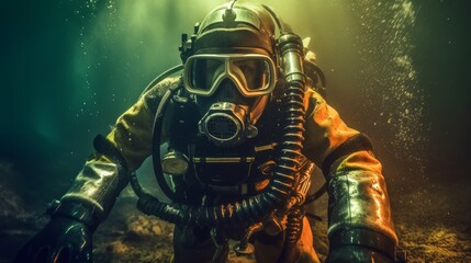 Professional firefighter diver wearing goggles for swimming. Generative AI