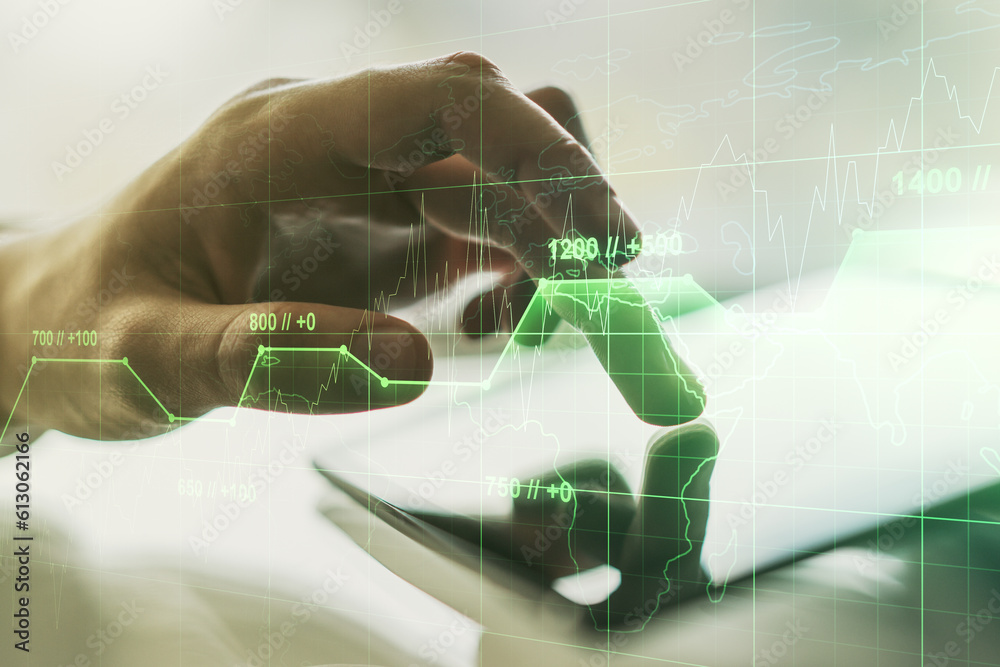 Poster Multi exposure of stats data illustration with finger presses on a digital tablet on background, computing and analytics concept