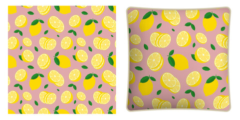 Square decorative pillow, bedroom accessory decorated seamless pattern with whole lemon with piece of citrus. Lime with leaves. Vector