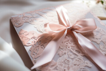 Beautiful wedding invitation envelope with pink ribbon and lace. Generative AI illustration
