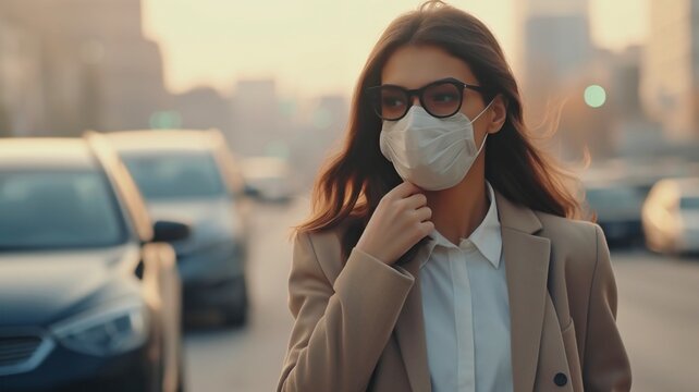 A businesswoman coughing in public while wearing a mask. Protection against dust and air pollution goes above and beyond acceptable levels.Urban cities with dangerous PM2.5 dust and smoke.