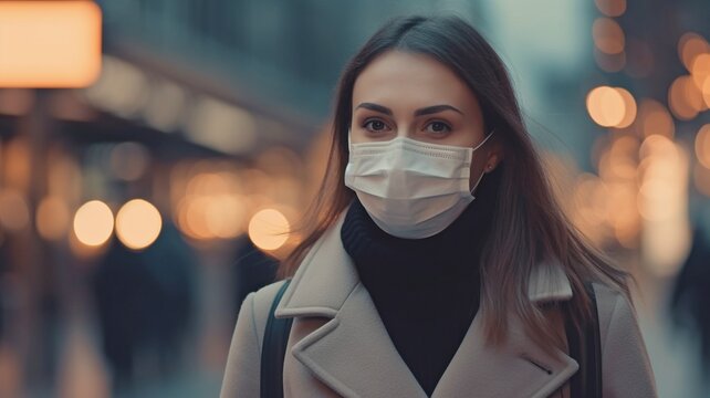 A businesswoman coughing in public while wearing a mask. Protection against dust and air pollution goes above and beyond acceptable levels.Urban cities with dangerous PM2.5 dust and smoke.