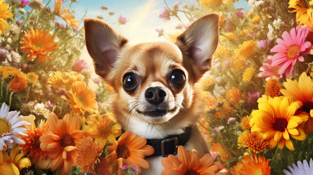 Ein kleiner Chihuahua zwischen den Blumen