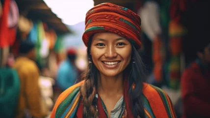 Fotobehang Ecuadorian woman beaming with joy. GENERATE AI © Sawitree88