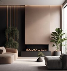 Minimalist Design Detail: Cozy Living Room with Stylish Fireplace..