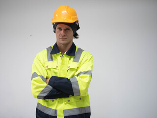 male man person people safety uniform helmet hardhat safety armcross look at camera work man industrial occupation professional portrait manager factory production manufacturing machine technology